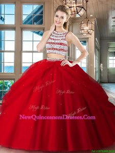 Gorgeous Scoop Red Two Pieces Beading and Pick Ups Vestidos de Quinceanera Backless Tulle Sleeveless Floor Length