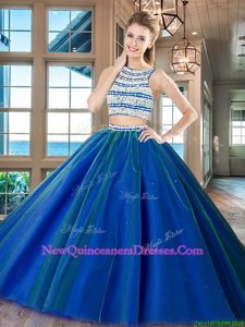 Flare Scoop Sleeveless Tulle Floor Length Backless Quinceanera Gown inRoyal Blue withBeading