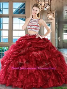High End Wine Red Backless Scoop Beading and Ruffles and Pick Ups Ball Gown Prom Dress Organza Sleeveless