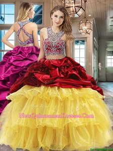 Beautiful Wine Red and Yellow Quince Ball Gowns Military Ball and Sweet 16 and Quinceanera and For withBeading and Ruffled Layers and Pick Ups Scoop Sleeveless Brush Train Criss Cross