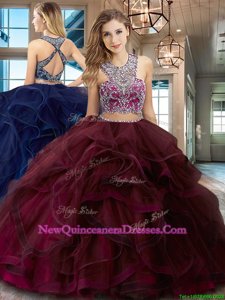 Unique Scoop Burgundy Two Pieces Beading and Ruffles Quinceanera Dress Criss Cross Tulle Sleeveless With Train