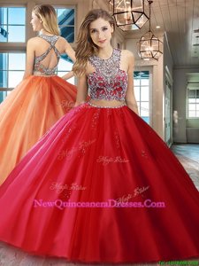 Classical Scoop Beading and Appliques Quinceanera Dresses Red Criss Cross Sleeveless With Brush Train