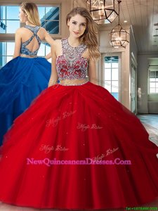 Low Price Red Two Pieces Tulle Scoop Sleeveless Beading and Pick Ups Floor Length Criss Cross Quinceanera Gowns