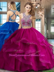 Amazing Scoop Criss Cross Spring and Summer and Fall and Winter Tulle Sleeveless With Train Sweet 16 Dress Brush Train andBeading and Ruffles