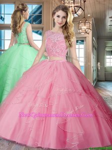 Fitting With Train Rose Pink Vestidos de Quinceanera Bateau Sleeveless Brush Train Lace Up