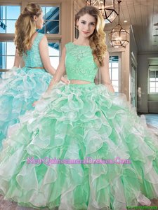 Perfect Apple Green Organza Lace Up Sweet 16 Quinceanera Dress Sleeveless Floor Length Lace and Ruffles