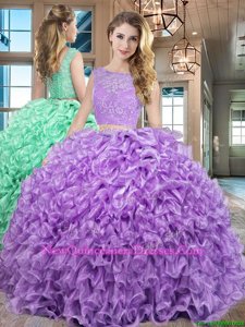 Luxurious Lavender Quinceanera Gowns Military Ball and Sweet 16 and Quinceanera and For withLace and Ruffles Bateau Sleeveless Lace Up