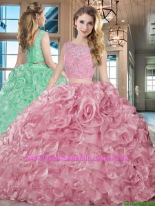 Trendy Pink Sleeveless Organza Brush Train Lace Up Quinceanera Dress for Military Ball and Sweet 16 and Quinceanera