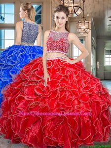 Glorious Red Bateau Neckline Beading and Ruffles Ball Gown Prom Dress Sleeveless Side Zipper