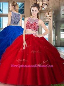 Traditional Beading and Pick Ups Ball Gown Prom Dress Red Side Zipper Sleeveless Floor Length