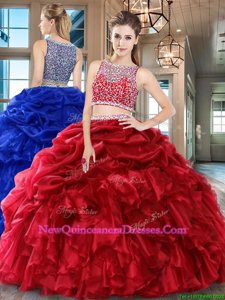Attractive Sleeveless Organza Floor Length Side Zipper 15th Birthday Dress inWine Red withBeading and Ruffles and Pick Ups