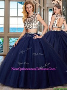Admirable Scoop Navy Blue Backless Sweet 16 Dresses Beading Cap Sleeves With Brush Train