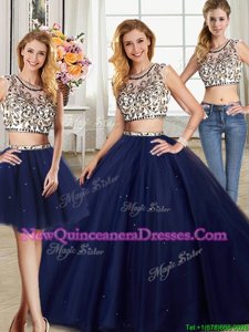 Nice Three Piece Navy Blue Ball Gown Prom Dress Military Ball and Sweet 16 and Quinceanera and For withBeading Scoop Cap Sleeves Brush Train Backless