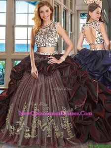 Sexy Scoop Pick Ups Burgundy Cap Sleeves Organza and Tulle Brush Train Backless Quinceanera Gowns for Military Ball and Sweet 16 and Quinceanera