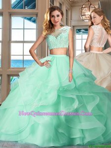 Fancy Apple Green Two Pieces Appliques and Ruffles Quinceanera Dresses Zipper Tulle Cap Sleeves Floor Length