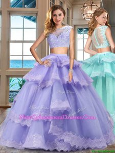 High End Lavender Two Pieces Lace and Appliques and Ruffled Layers Sweet 16 Quinceanera Dress Zipper Tulle Cap Sleeves Floor Length
