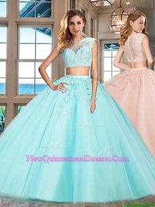Stylish Cap Sleeves Tulle Floor Length Zipper Quinceanera Dress inAqua Blue withAppliques