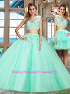 Popular Bateau Cap Sleeves Ball Gown Prom Dress Floor Length Appliques Apple Green Tulle