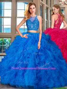 Classical Scoop Floor Length Blue Vestidos de Quinceanera Tulle Sleeveless Spring and Summer and Fall Beading and Ruffles