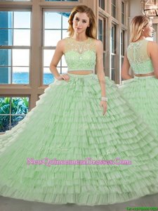 Trendy Scoop Sleeveless Tulle Floor Length Zipper Sweet 16 Quinceanera Dress inYellow Green withBeading and Ruffled Layers
