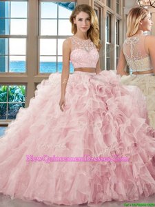 Super Scoop Sleeveless Zipper Floor Length Beading and Ruffles 15th Birthday Dress