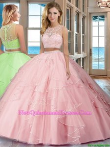 Beautiful Baby Pink Sweet 16 Dress Military Ball and Sweet 16 and Quinceanera and For withBeading and Ruffles Scoop Sleeveless Zipper