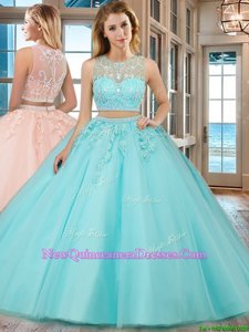 Scoop Aqua Blue Tulle Zipper Vestidos de Quinceanera Sleeveless Floor Length Beading and Appliques