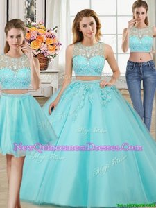 Unique Three Piece Scoop Sleeveless Tulle Sweet 16 Dresses Beading and Appliques Zipper