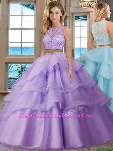 Lavender Scoop Neckline Beading and Appliques and Ruffled Layers Sweet 16 Quinceanera Dress Sleeveless Zipper