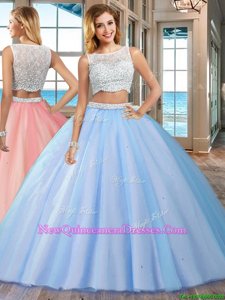 Cheap Blue Two Pieces Beading Quinceanera Gown Side Zipper Tulle Sleeveless Floor Length