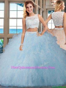 Light Blue Two Pieces Tulle Bateau Sleeveless Beading and Ruffles Floor Length Side Zipper Sweet 16 Dresses
