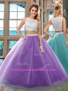 Fitting Bateau Sleeveless 15th Birthday Dress Floor Length Beading Purple Tulle