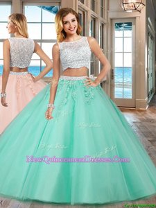 Most Popular Floor Length Side Zipper 15th Birthday Dress Apple Green and In for Military Ball and Sweet 16 and Quinceanera withBeading and Appliques