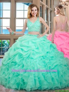 Sumptuous Apple Green Zipper V-neck Beading and Ruffles and Pick Ups Quinceanera Gowns Organza Sleeveless