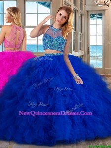 Custom Made Sleeveless Tulle With Brush Train Lace Up Quinceanera Gowns inRoyal Blue withBeading and Ruffles
