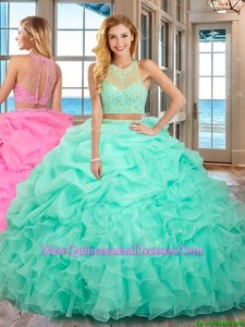 Deluxe Sleeveless Organza Floor Length Lace Up Quinceanera Dresses inApple Green withBeading and Ruffles