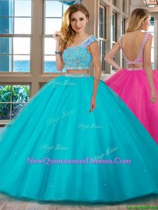 Unique Aqua Blue Scoop Backless Beading and Ruffles Ball Gown Prom Dress Cap Sleeves