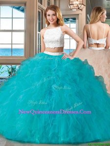 Low Price Straps Straps White and Blue Two Pieces Beading Quinceanera Gowns Backless Tulle Sleeveless Floor Length