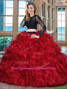 Custom Designed Floor Length Black and Red Sweet 16 Quinceanera Dress Scoop Long Sleeves Backless