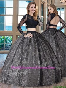 Beauteous Scoop Backless Floor Length Black Sweet 16 Quinceanera Dress Tulle Long Sleeves Spring and Summer and Fall and Winter Appliques