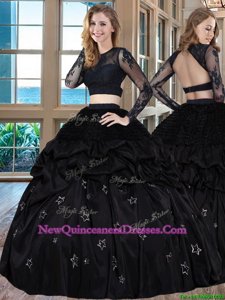 Luxurious Two Pieces Ball Gown Prom Dress Black Scoop Taffeta Long Sleeves Floor Length Backless
