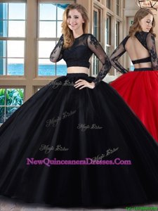 Decent Black and Red Scoop Neckline Appliques Quinceanera Gown Long Sleeves Backless