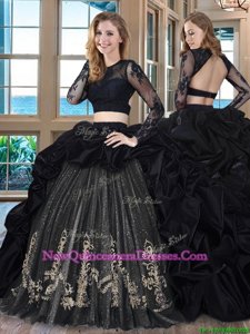 Best Scoop Black Two Pieces Embroidery and Pick Ups Sweet 16 Dresses Backless Taffeta Long Sleeves With Train