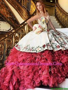 Fantastic Brush Train Ball Gowns Sweet 16 Dresses White and Red Sweetheart Organza and Taffeta Sleeveless With Train Lace Up