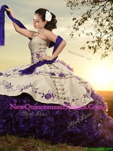 Fantastic White and Purple and White And Purple Sweetheart Lace Up Embroidery and Ruffles 15th Birthday Dress Brush Train Sleeveless