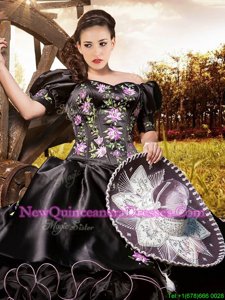 High Quality Off the Shoulder Floor Length Black 15 Quinceanera Dress Organza and Taffeta Short Sleeves Spring and Summer and Fall and Winter Embroidery and Ruffles