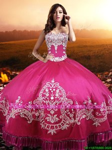 Sleeveless Taffeta Floor Length Lace Up Quinceanera Gown inHot Pink withBeading and Embroidery