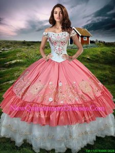 Attractive Off the Shoulder Watermelon Red Sleeveless Floor Length Embroidery and Ruffled Layers Lace Up Quinceanera Gowns
