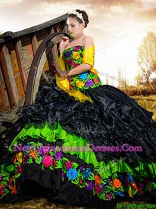 Designer Black Ball Gowns Embroidery and Ruffles Sweet 16 Quinceanera Dress Lace Up Organza and Taffeta Sleeveless Floor Length