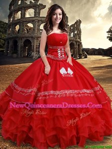 Fancy Organza and Taffeta Strapless Sleeveless Lace Up Embroidery and Ruffled Layers Sweet 16 Dress inRed